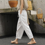 Sarah Express Women's Linen Cropped Pants - Washed Artistic Baggy Trousers with Embroidery & Belt