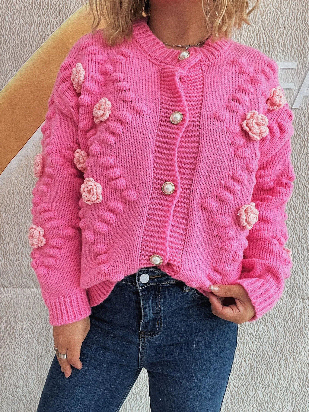 Sarah Express Women's Flower Button Up Long Sleeve Cardigan