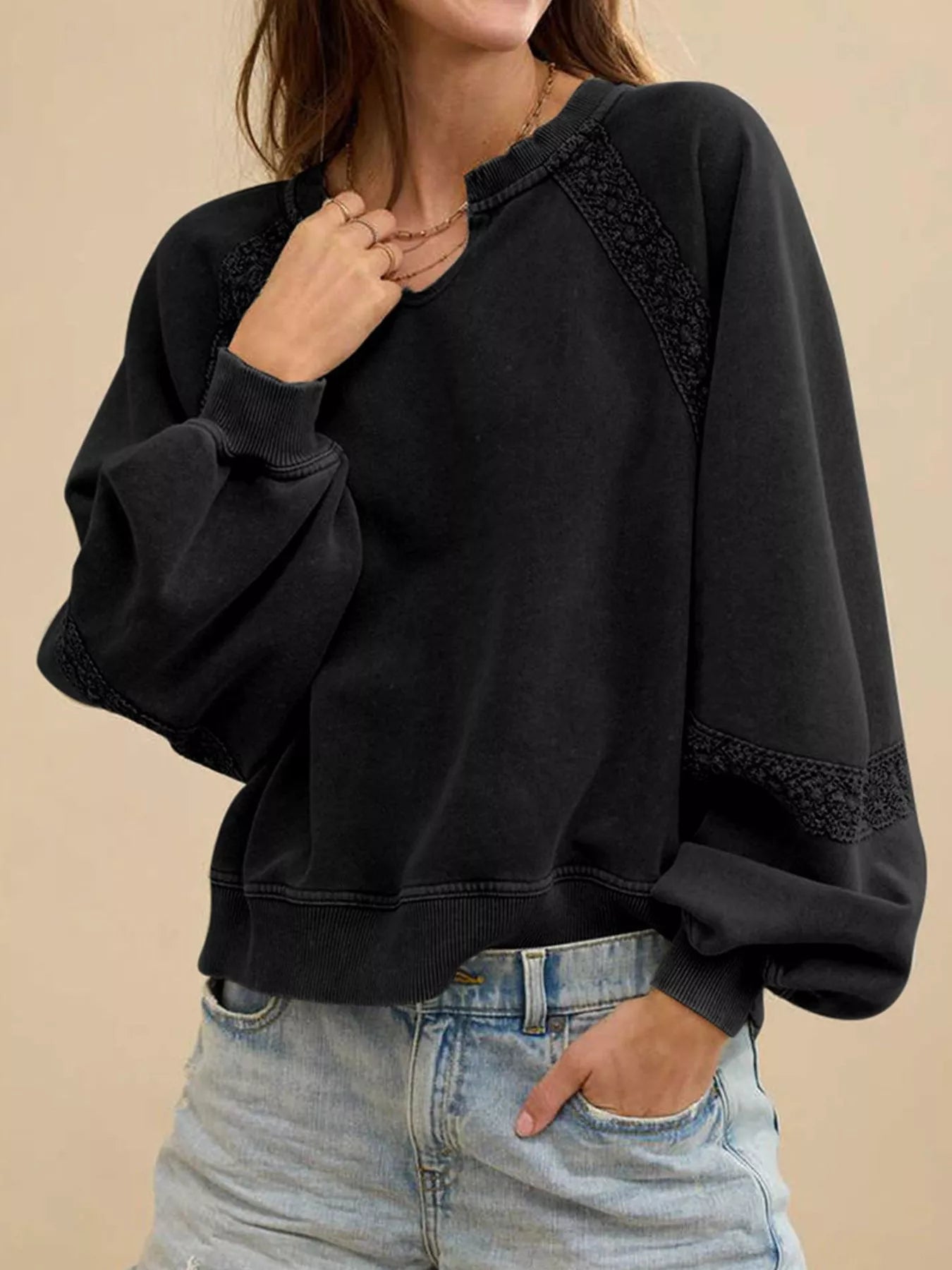 Sarah Express Women's Lace Detail Notched Long Sleeve Sweatshirt - Oversized Casual Pullover Black