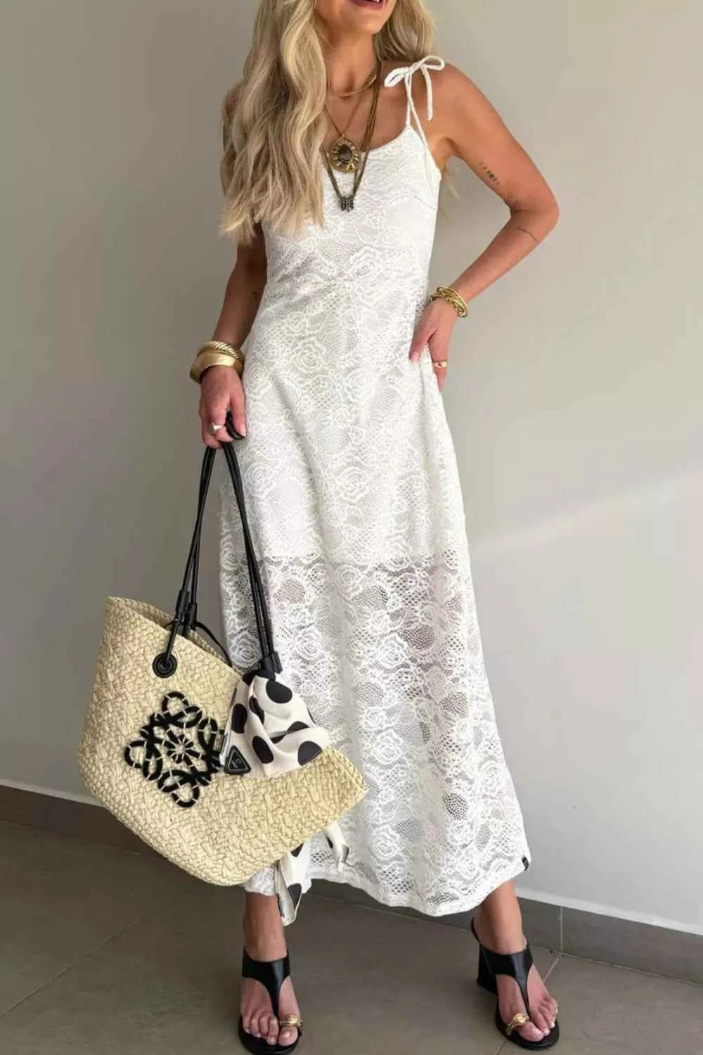 Sarah Express Women's Floral Lace Overlay Maxi Dress - Tie Spaghetti Straps Elegant Evening Gown