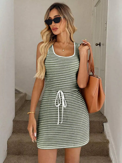 Sarah Express Women's Striped Knitted Mini Dress with Drawstring