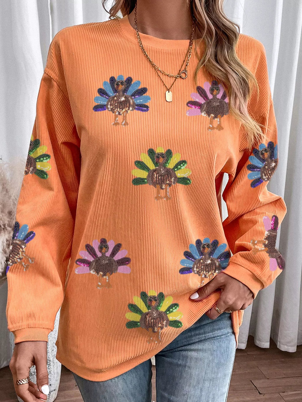 Sarah Express Women's Turkey Graphic Corded Baggy Sweatshirt