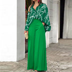 Sarah Express Women's Printed Shirt Wide Leg Pants Set Long Sleeve