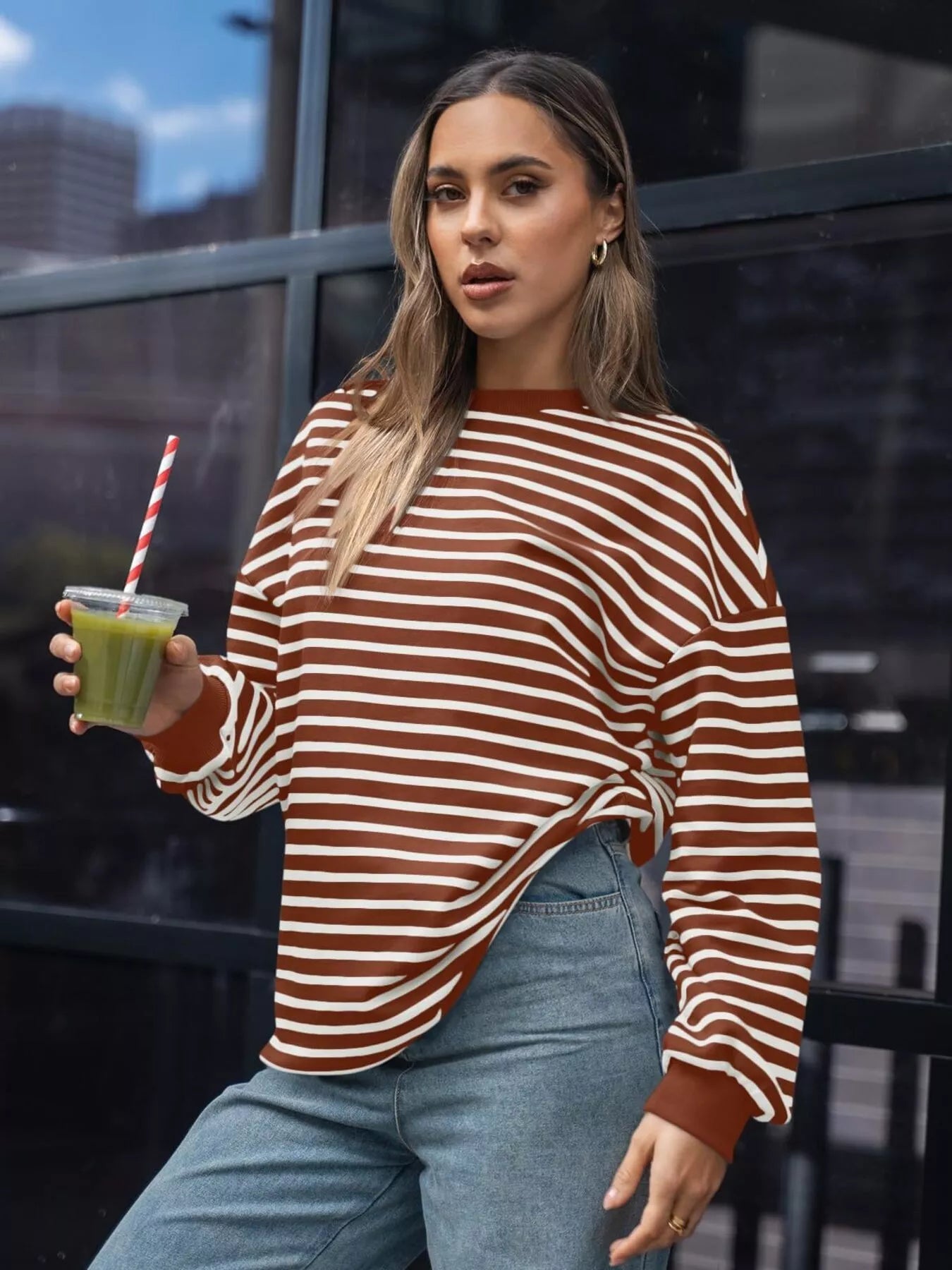 Sarah Express Women's Striped Round Neck Oversized Casual Sweatshirt Rust Red