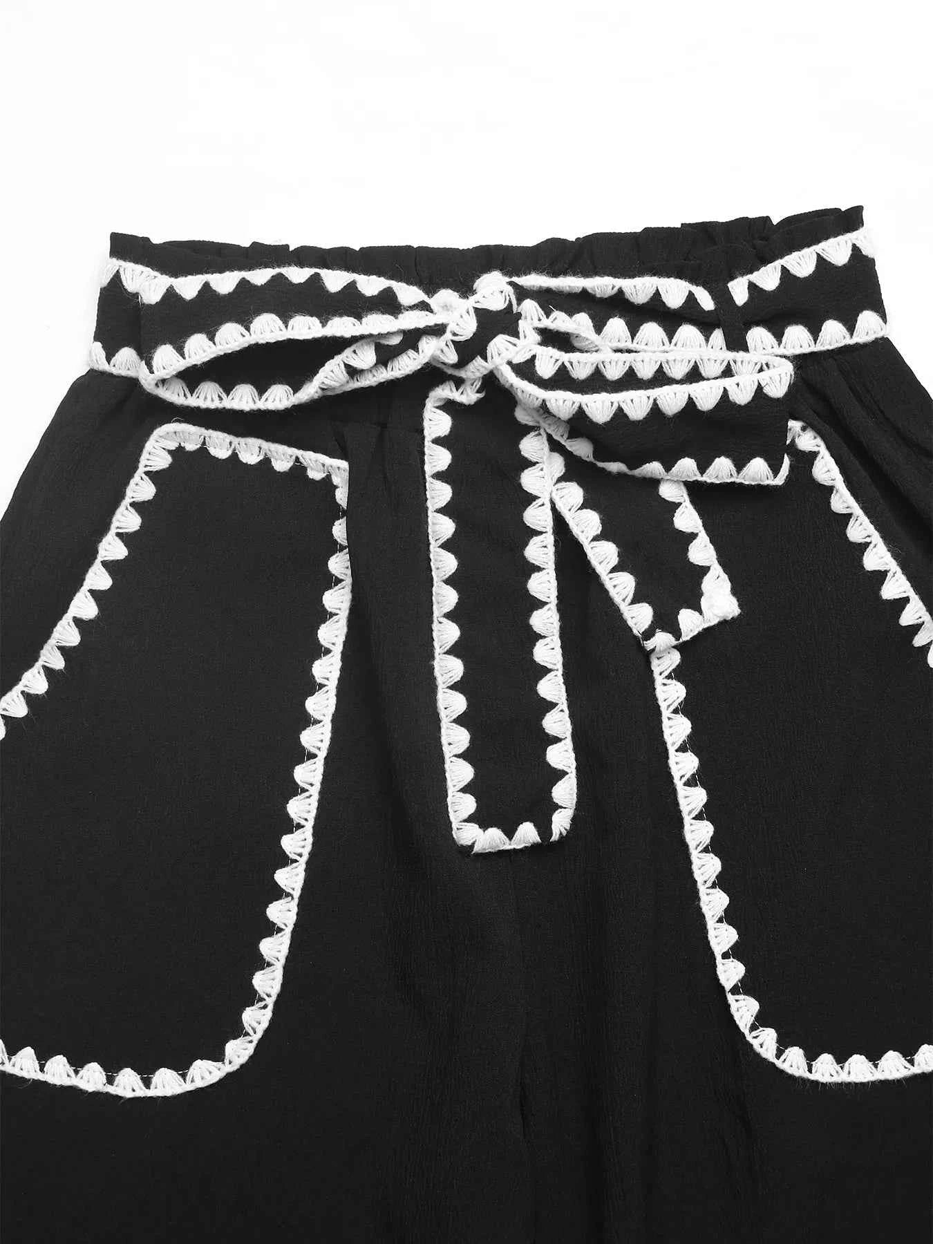 Sarah Express Women's Crochet Trim Wide Leg Pants - Tie Waist High Rise Palazzo Trousers