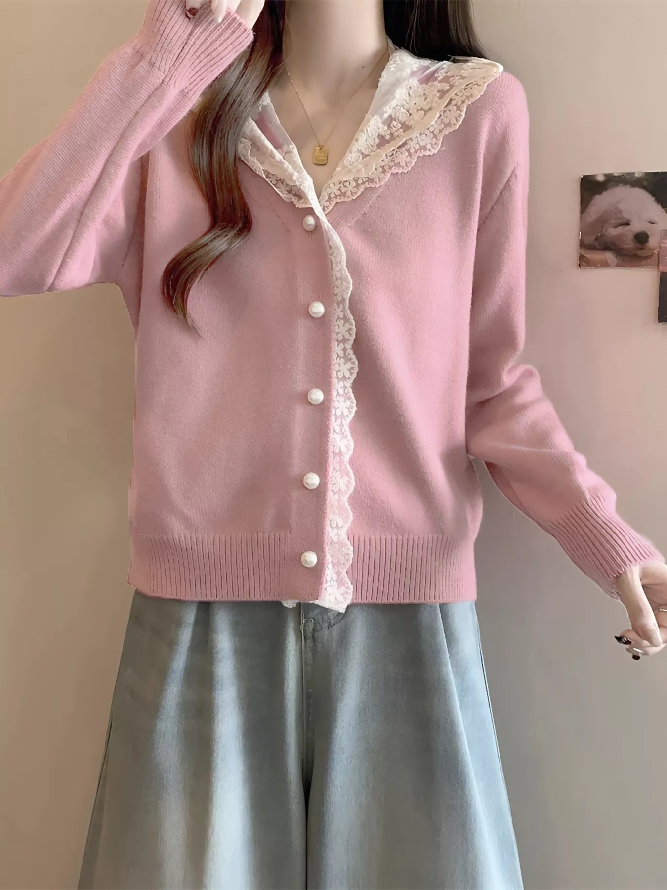 Sarah Express Women's Lace Trim Hooded Cardigan Pink One Size