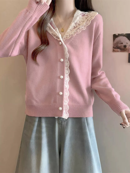 Sarah Express Women's Lace Trim Hooded Cardigan Pink One Size