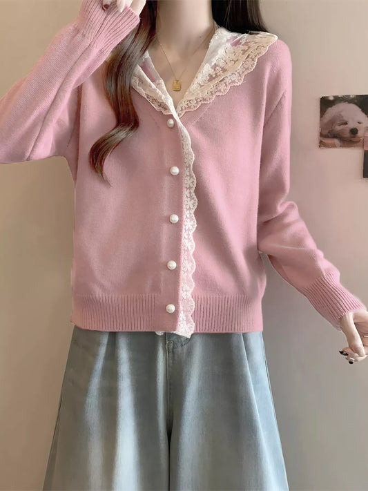 Sarah Express Women's Lace Trim Hooded Cardigan Pink One Size