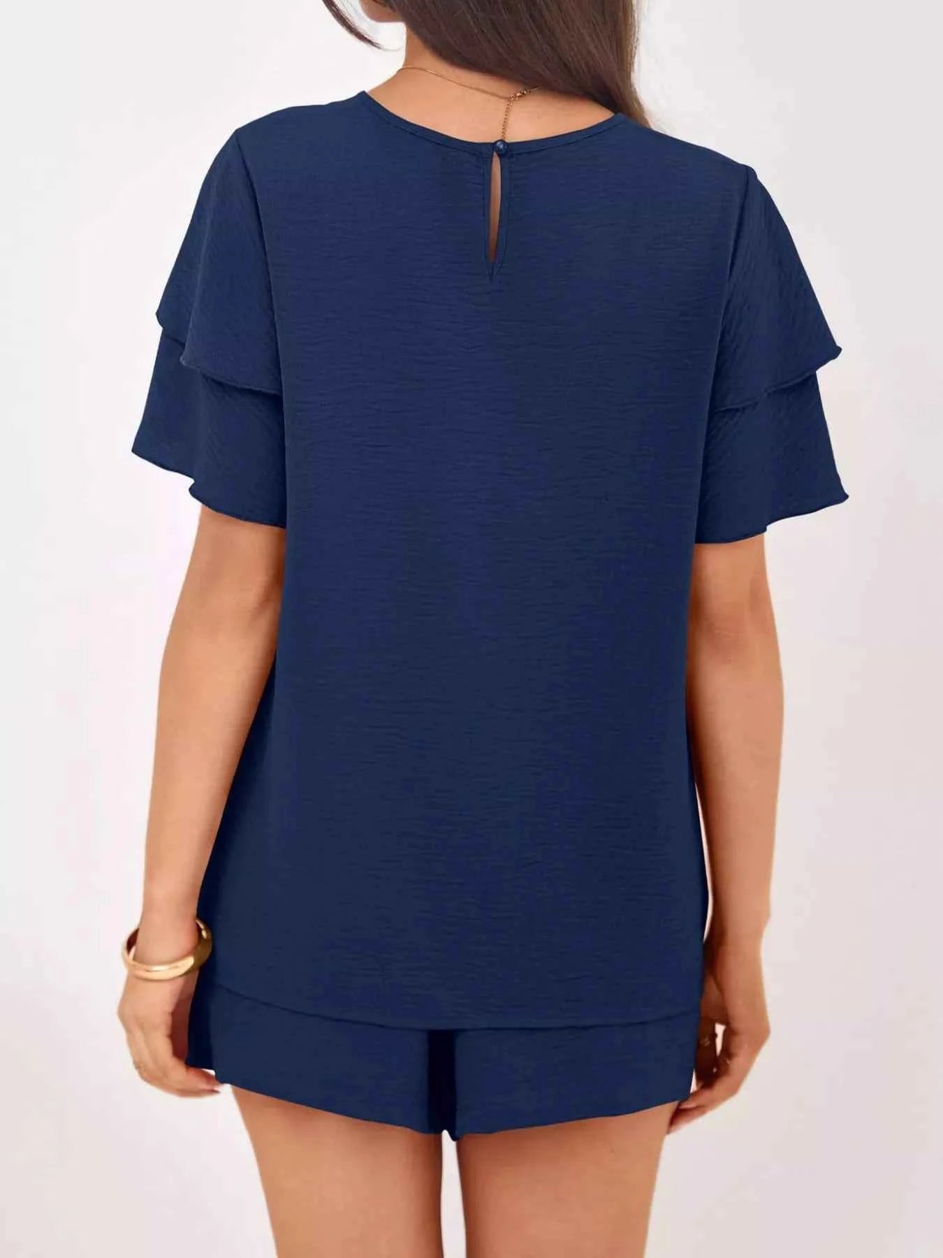 Sarah Express Women's Ruffle Sleeve Top and Shorts Two-Piece Set - Casual Summer Outfit