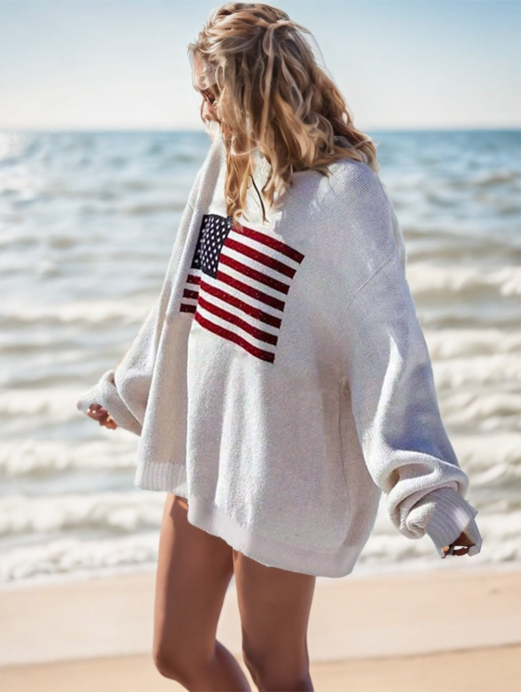 Sarah Express USA Flag Drop Shoulder Long Sleeve Sweater Women