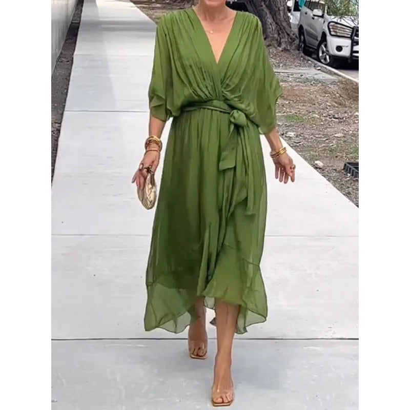 Sarah Express Women's Batwing Sleeve V-Neck Dress Summer Tie Detail Irregular Hem Mid-Length Fairy Dress