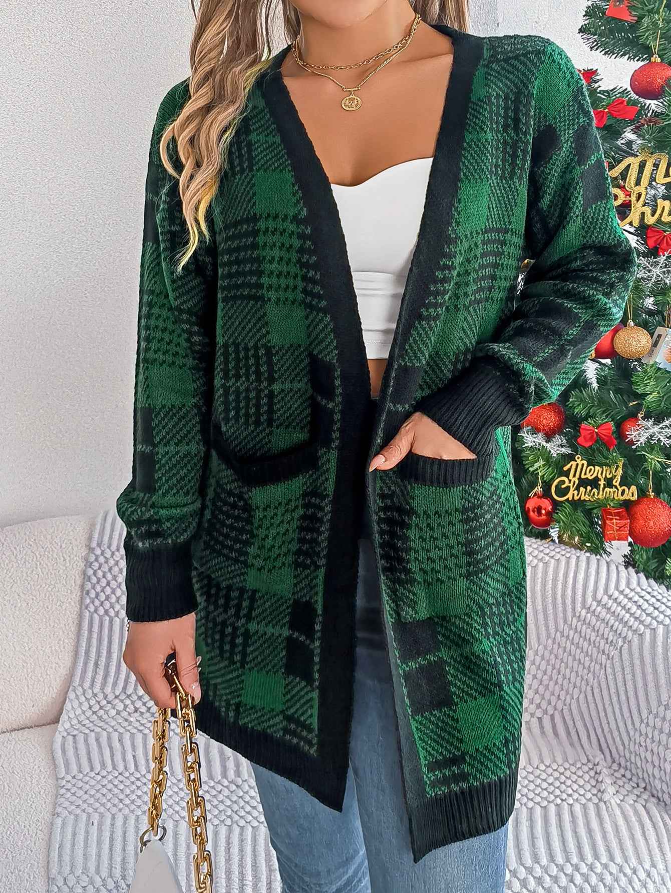 Sarah Express Women's Color Block Plaid Cardigan Sweater with Pockets - Long Sleeve Street Style Coat Green