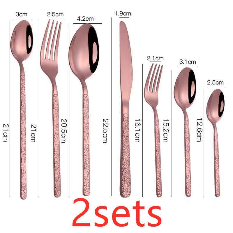 Sarah Express Premium Stainless Steel Steak Knife Fork Set - Embossed Handle Western Cutlery Rose Gold 7PCS 2sets