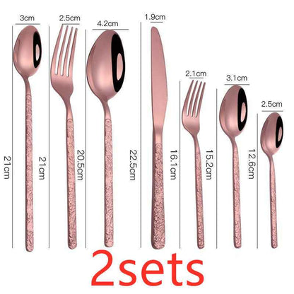 Sarah Express Premium Stainless Steel Steak Knife Fork Set - Embossed Handle Western Cutlery Rose Gold 7PCS 2sets