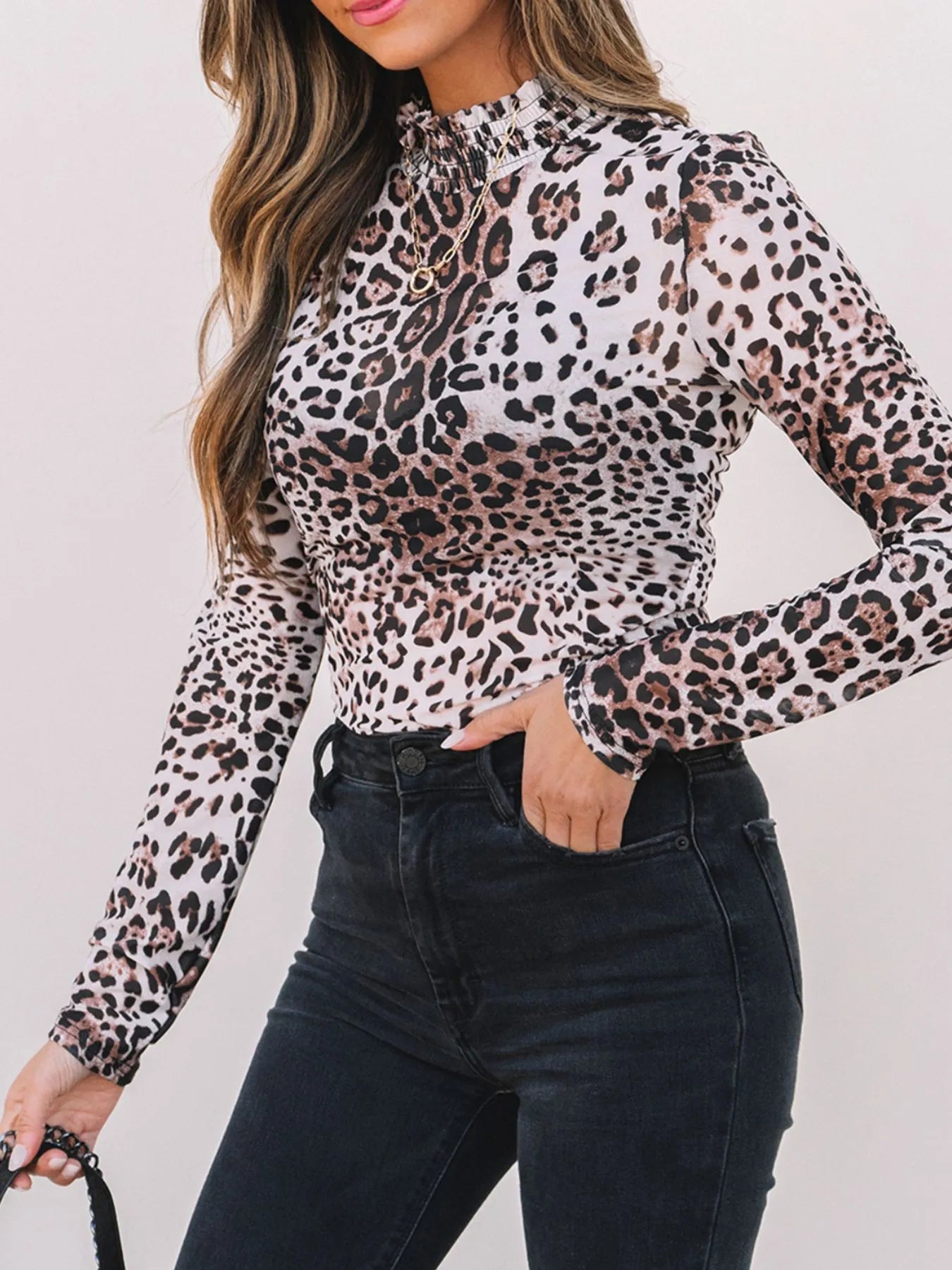 Sarah Express Women's Leopard Print Long Sleeve Mock Neck Bodysuit