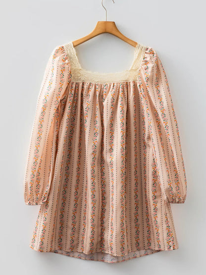 Sarah Express Women's Floral Print Bow Lace Long Sleeve Mini Dress - Romantic Loose Fit