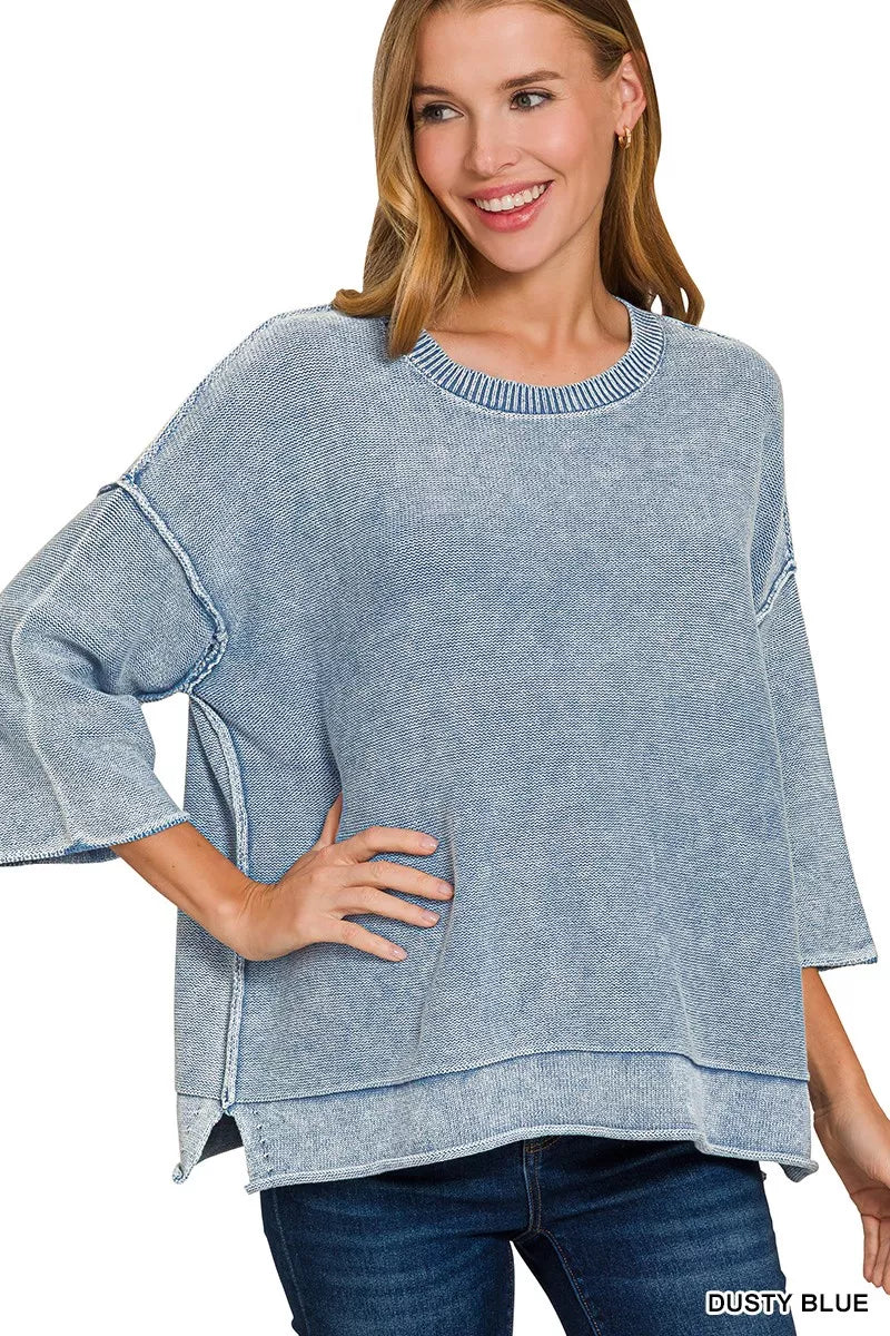 Sarah Express Women's Washed 3/4 Sleeve Boxy Sweater - Relaxed Fit Casual Top
