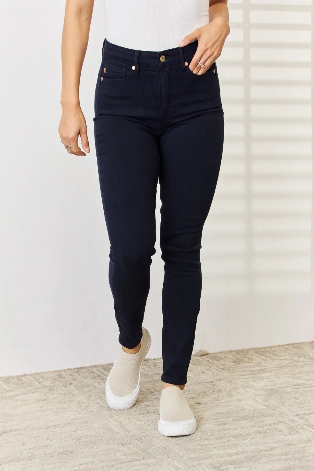 Sarah Express Women’s Plus Size Garment Dyed Tummy Control Skinny Jeans

