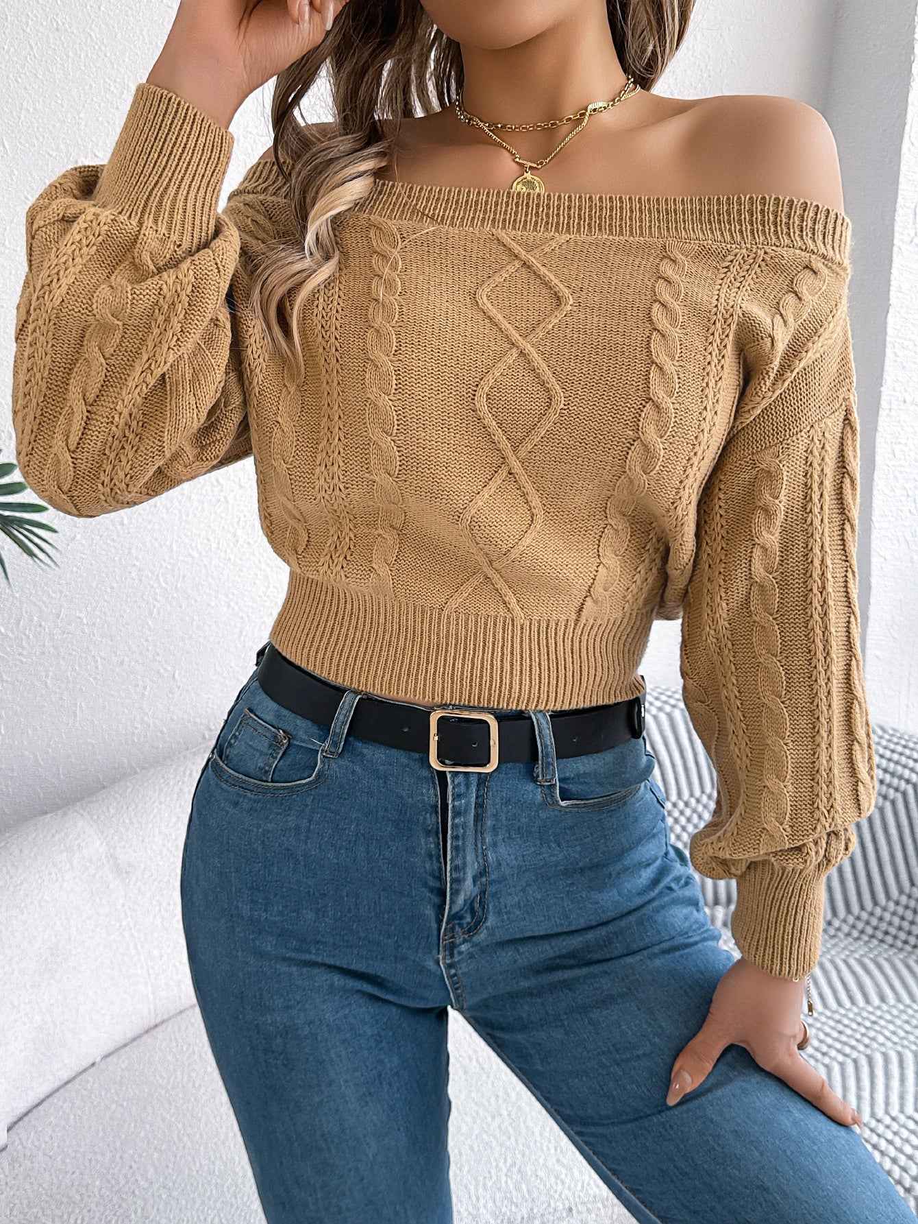 Sarah Express Women's Off-Shoulder V-Neck Pullover Sweater - Casual Solid Color Long Sleeve