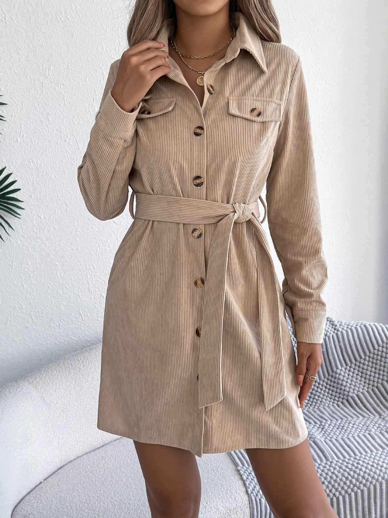 Sarah Express Women's Corduroy Shirt Dress - Long Sleeve Button Front Casual Dress