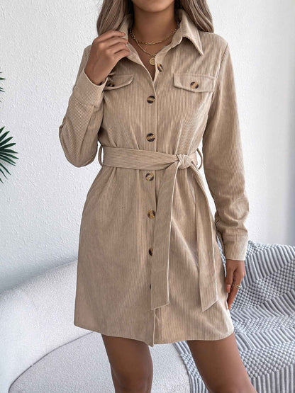 Sarah Express Women's Corduroy Shirt Dress - Long Sleeve Button Front Casual Dress