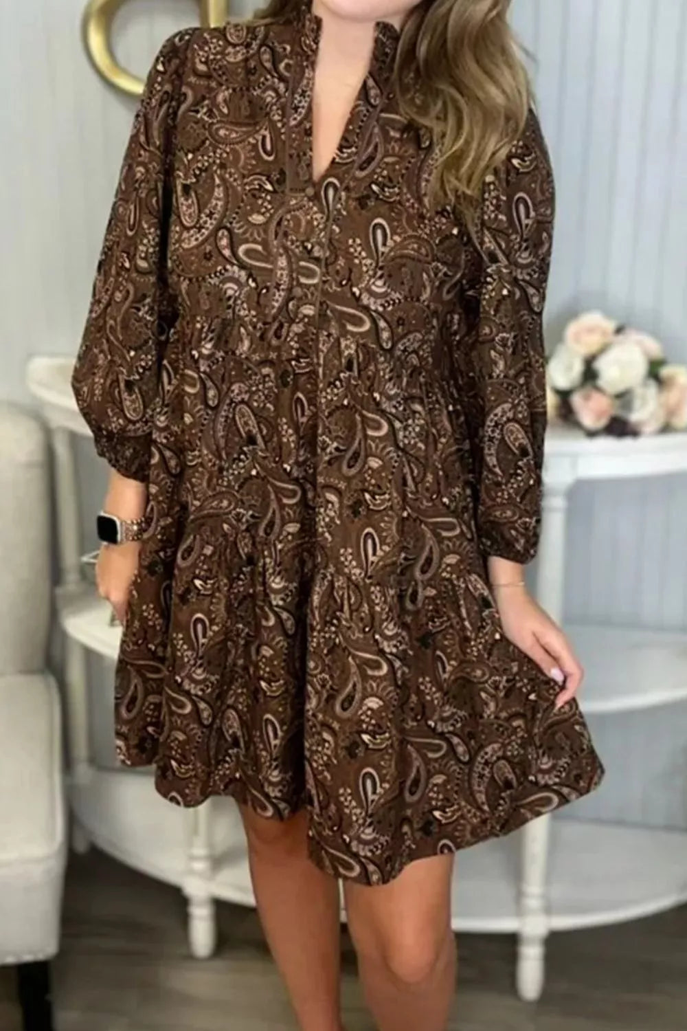 Sarah Express Women's Paisley Print Notched Mini Dress Taupe