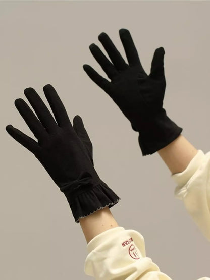 Sarah Express Women's Ruffled Cuff Bow Gloves - Elegant Polyester Accessory