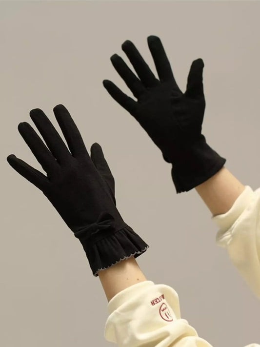 Sarah Express Women's Ruffled Cuff Bow Gloves - Elegant Polyester Accessory