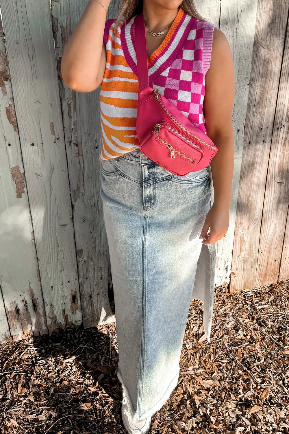 Sarah Express Women's Striped Checkered Contrast Patchwork V Neck Sweater Vest