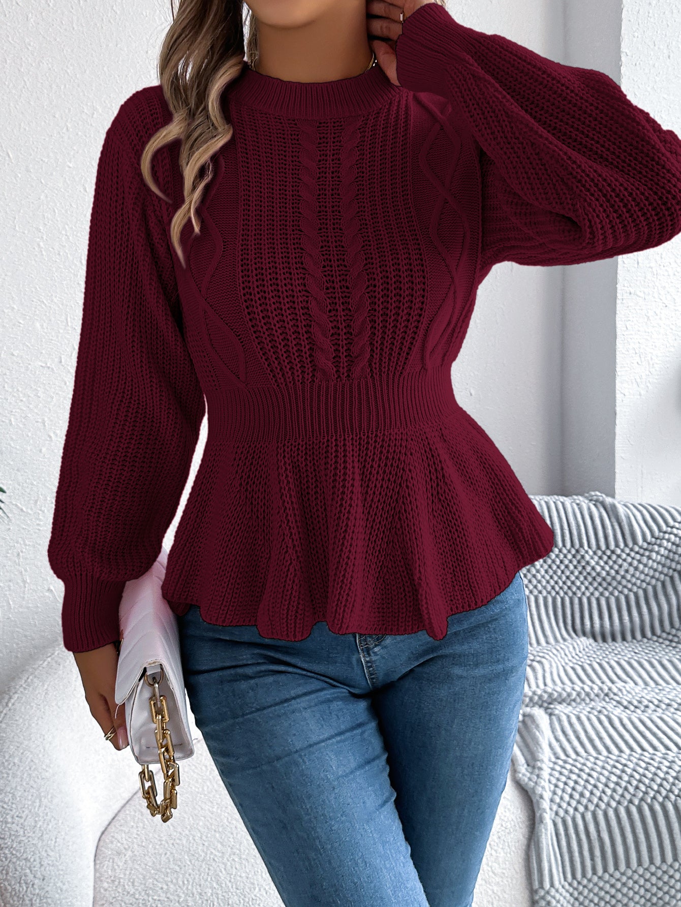 Sarah Express Women's Solid Color Cable Knit Pullover Sweater with Scallop Sleeves