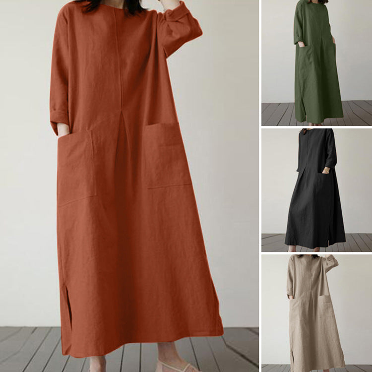 Sarah Express Women's Autumn Solid Color Elegant Cotton Dress Long Sleeve Wide Waist Basic Maxi Dress