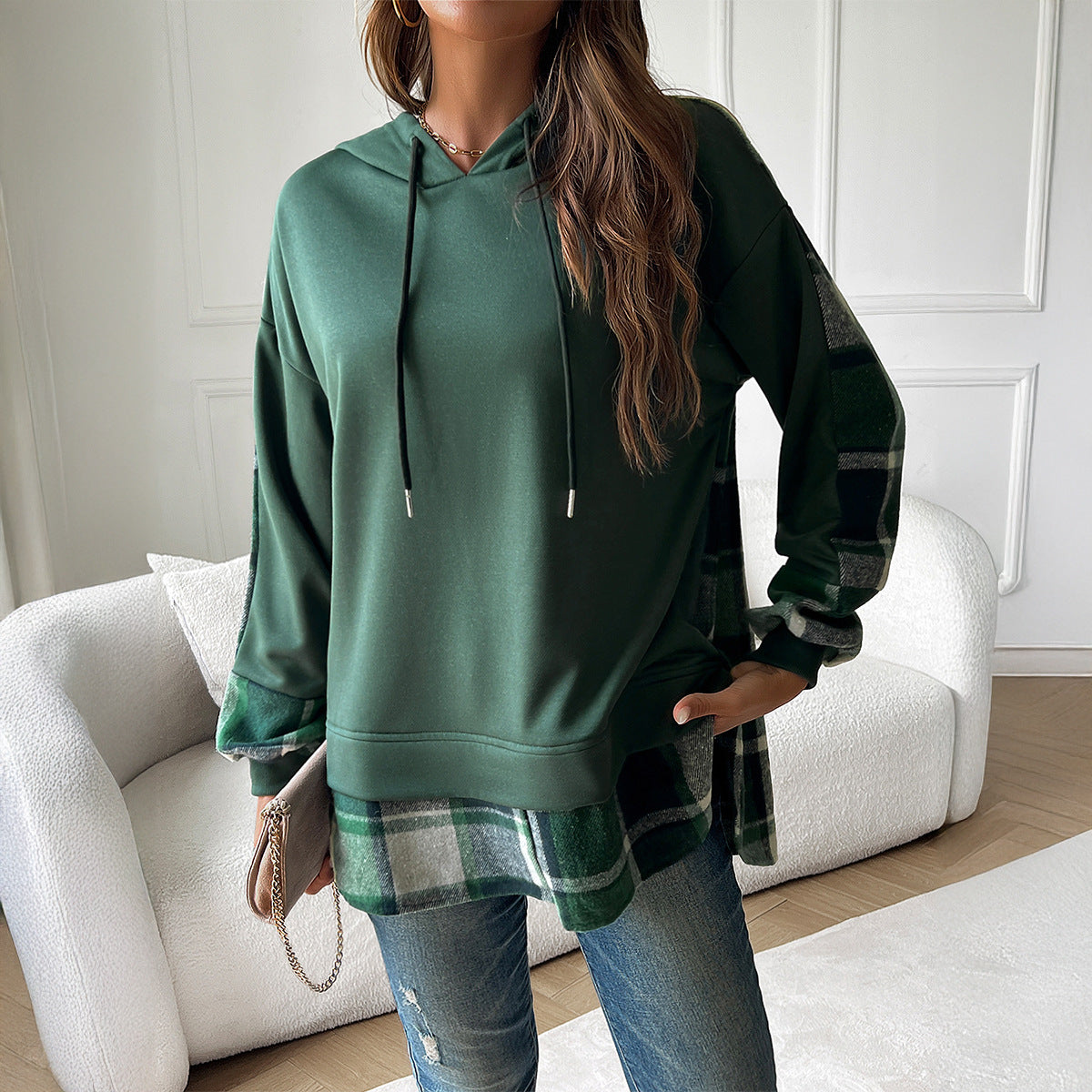Women's Vintage Oversized Hoodie with Plaid Patchwork - Y2K Streetwear Sweatshirt