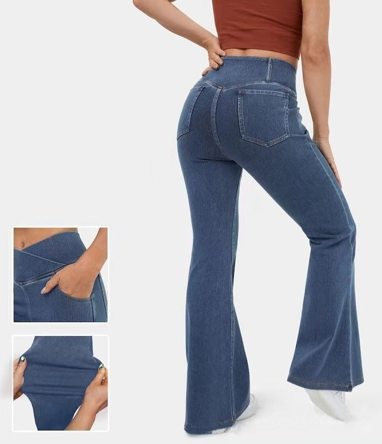 Sarah Express Women's Mid-Waist Bell Bottom Flare Jeans Denim Pants