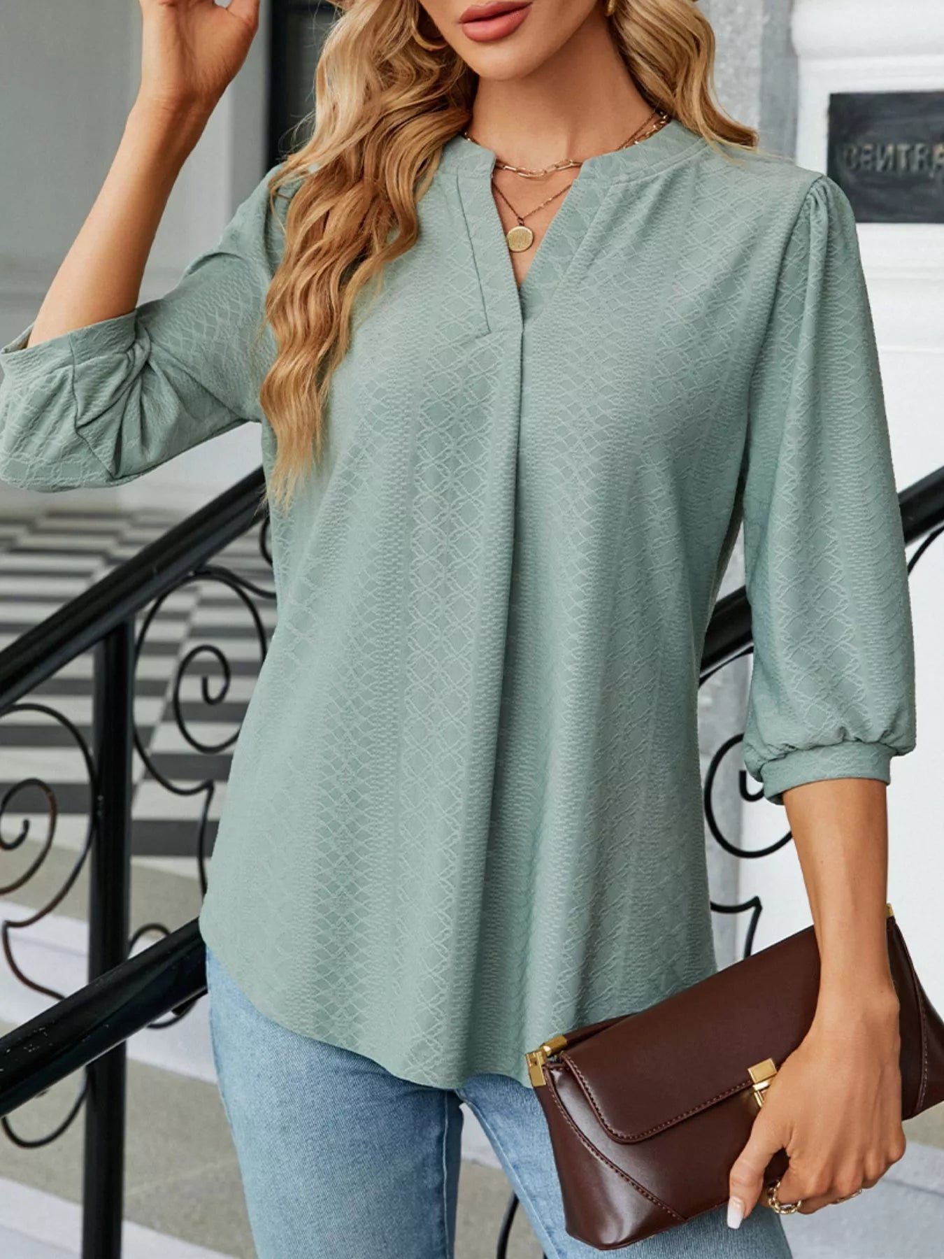 Sarah Express Women's Notched 3/4 Sleeve Casual Top Sage
