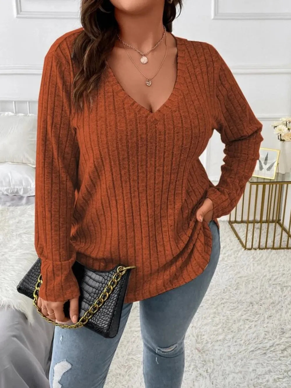 Sarah Express Women's Plus Size V-Neck Long Sleeve T-Shirt Caramel