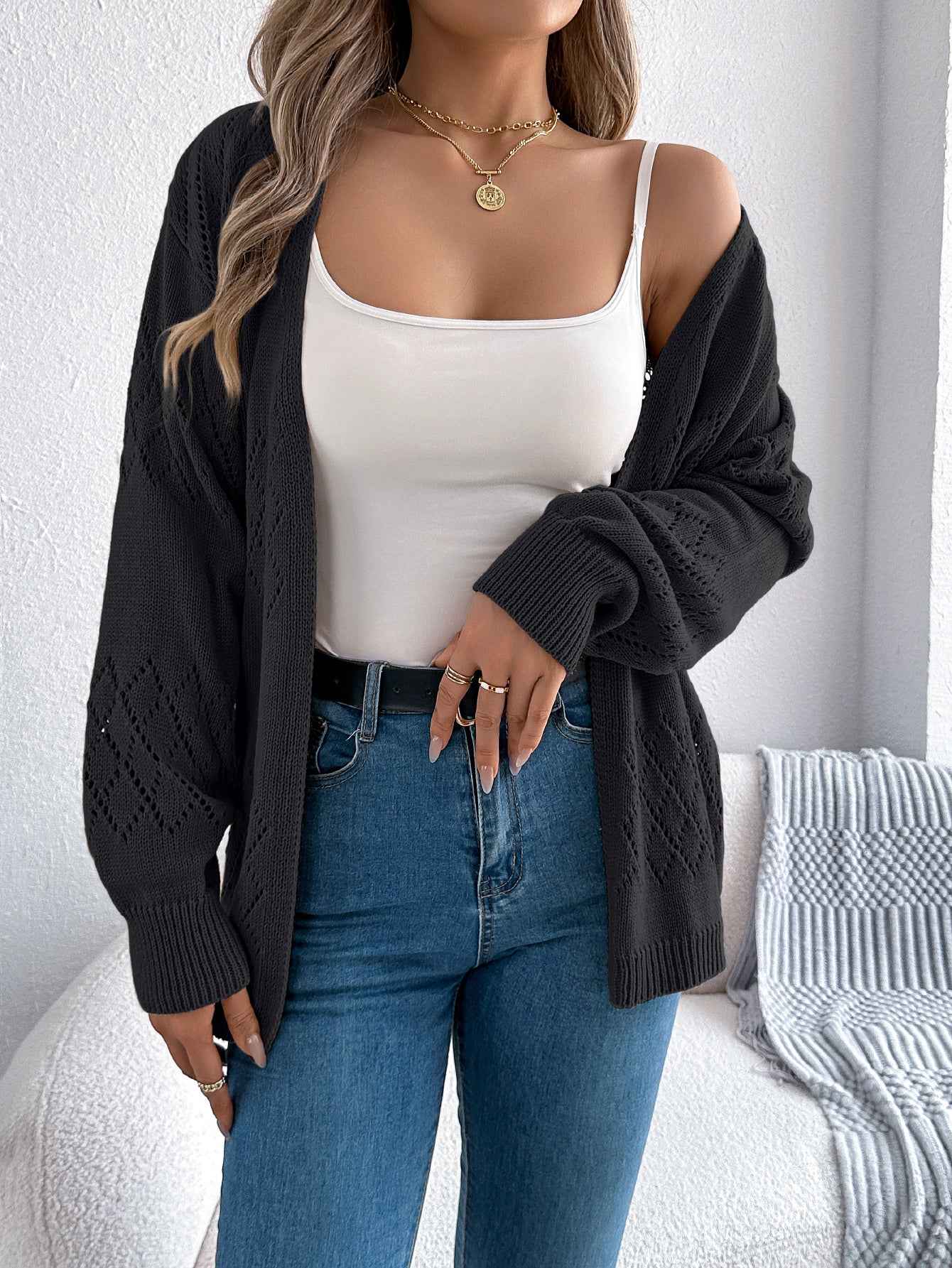 Sarah Express Women's Hollow Out Lantern Sleeve Cardigan Sweater - Mid-Length Knit Black