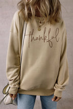 Sarah Express Women's THANKFUL Round Neck Long Sleeve Sweatshirt Khaki