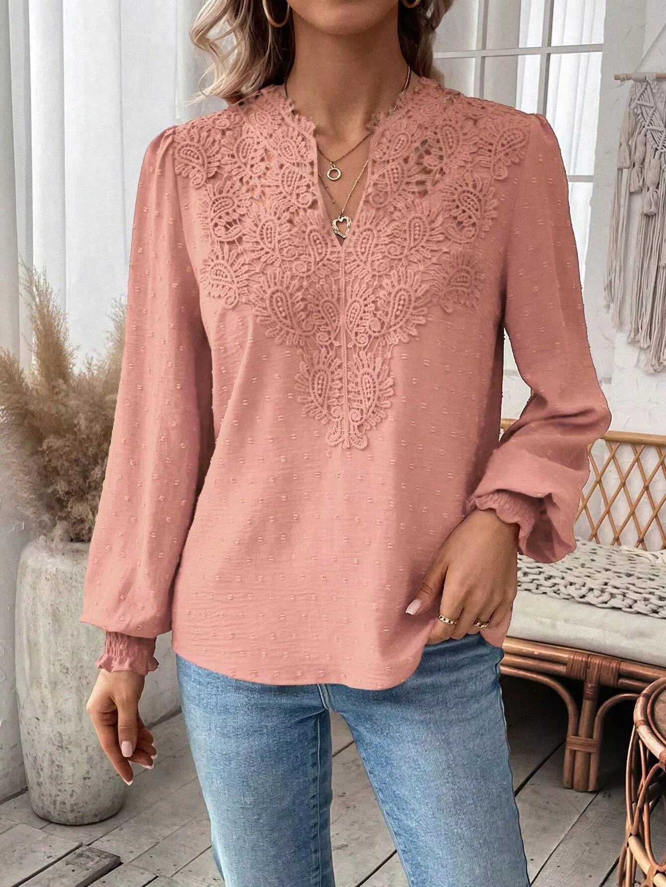 Sarah Express Women's Lace Trim Long Sleeve Blouse with Swiss Dot Detail