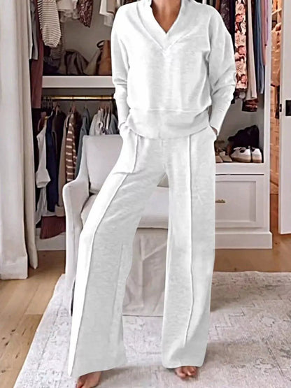 Sarah Express Women's Cozy V-Neck Top and Pants Lounge Set White