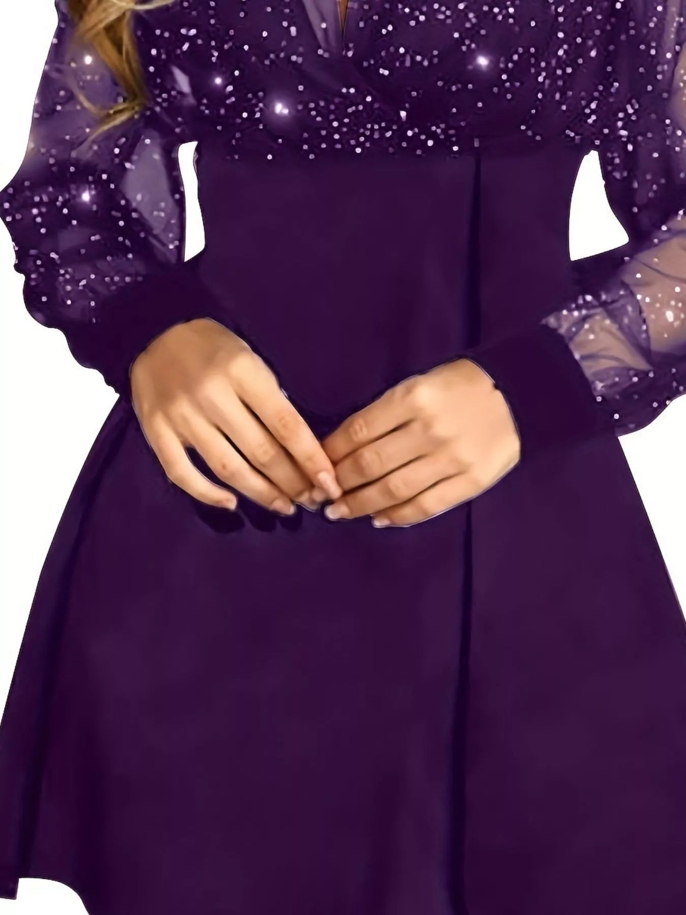 Sarah Express Glitter Mesh Long Sleeve Mini Dress - Sheer Sparkle Cocktail Party Dress