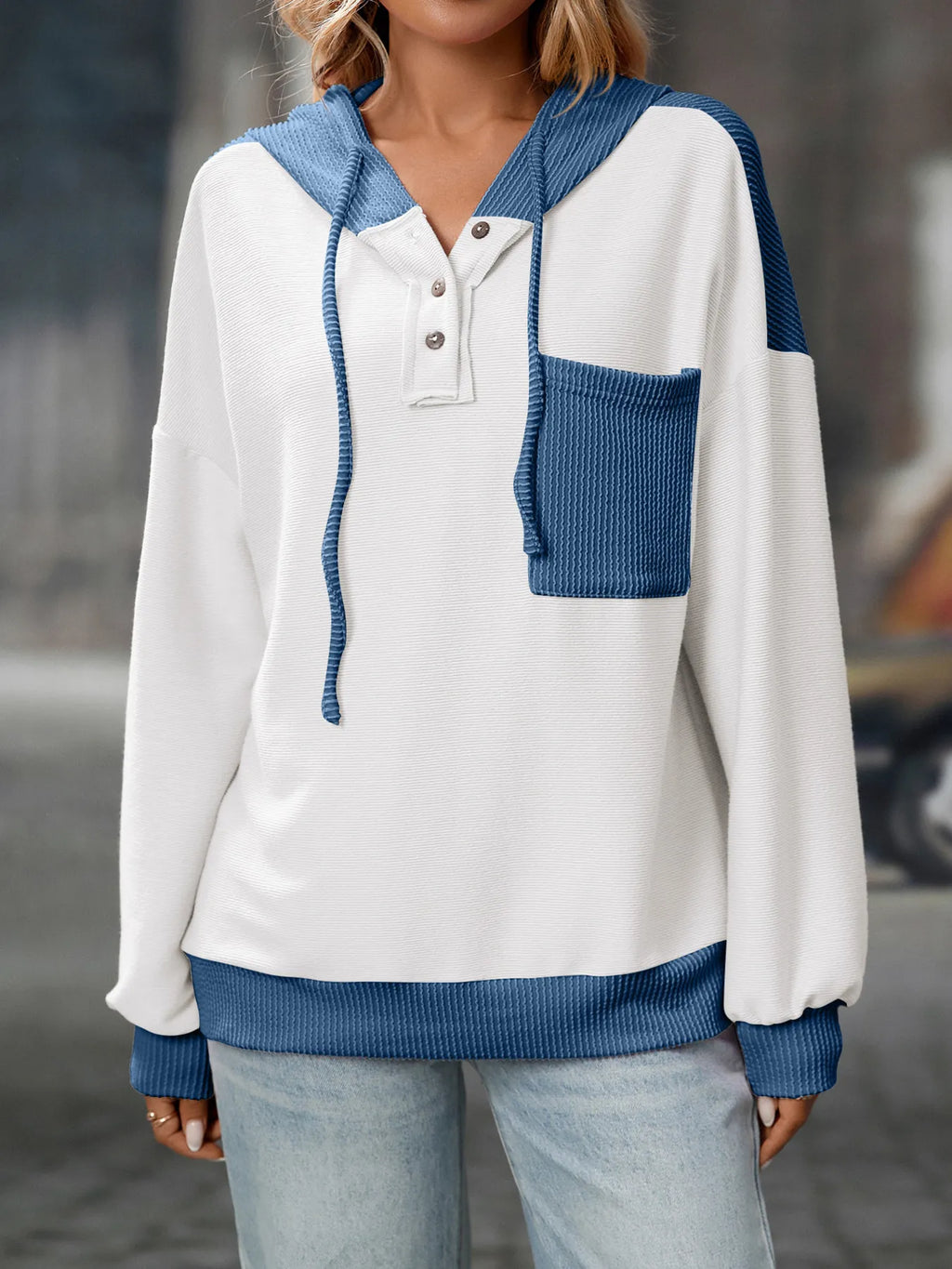 Sarah Express Women's Drawstring Button Detail Long Sleeve Hoodie