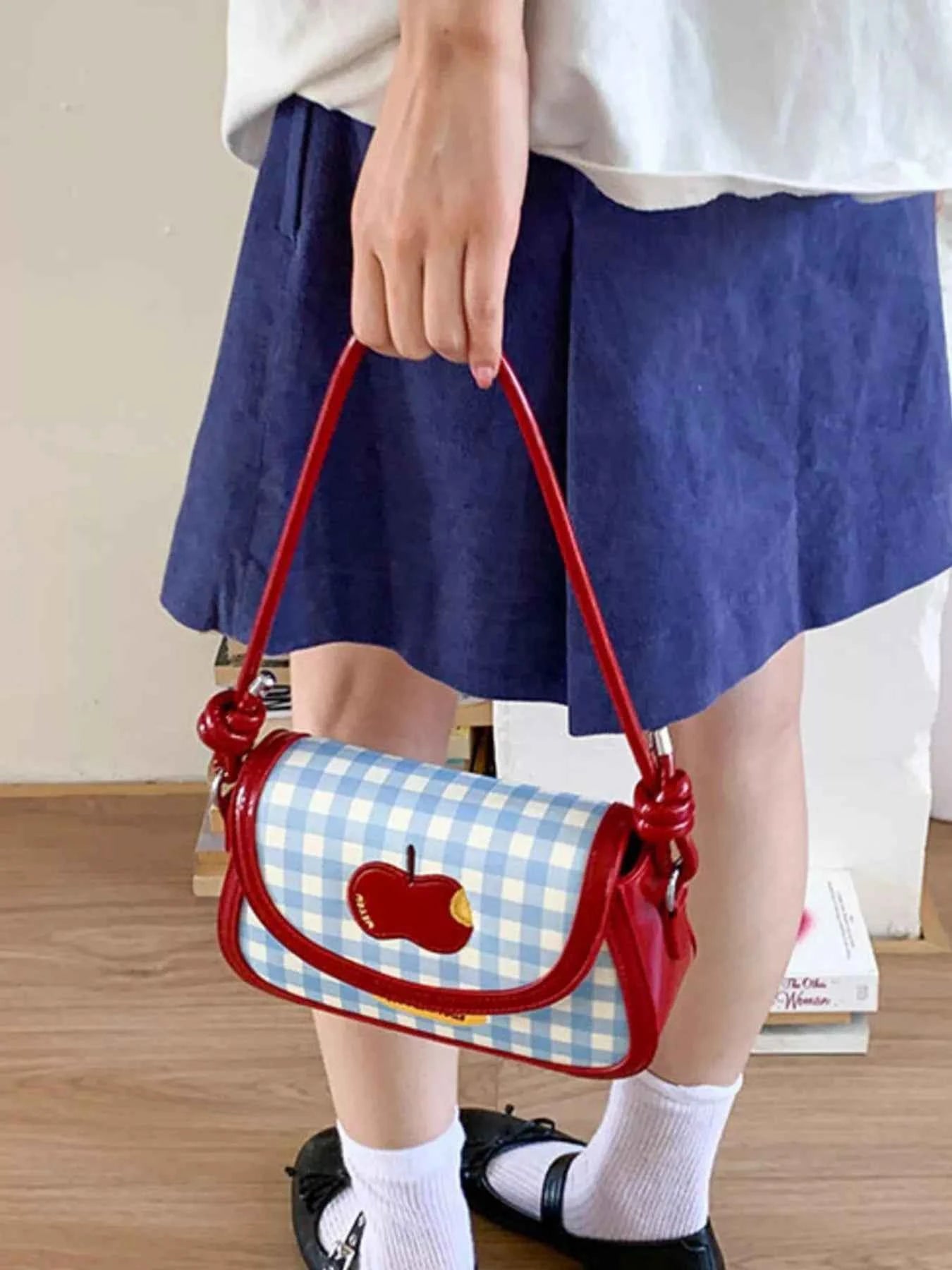 Sarah Express Women's Apple Gingham Shoulder Bag - Small PU Leather Crossbody Handbag