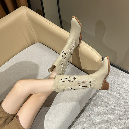 Sarah Express Embroidered Western Cowboy Boots With Chunky Heels And V Neck Cutout Knight Boots White Standard Tube