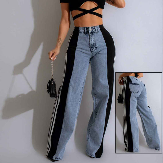Sarah Express Women's High Waist Wide Leg Denim Pants - Three Stripe Patchwork Straight Leg Trousers