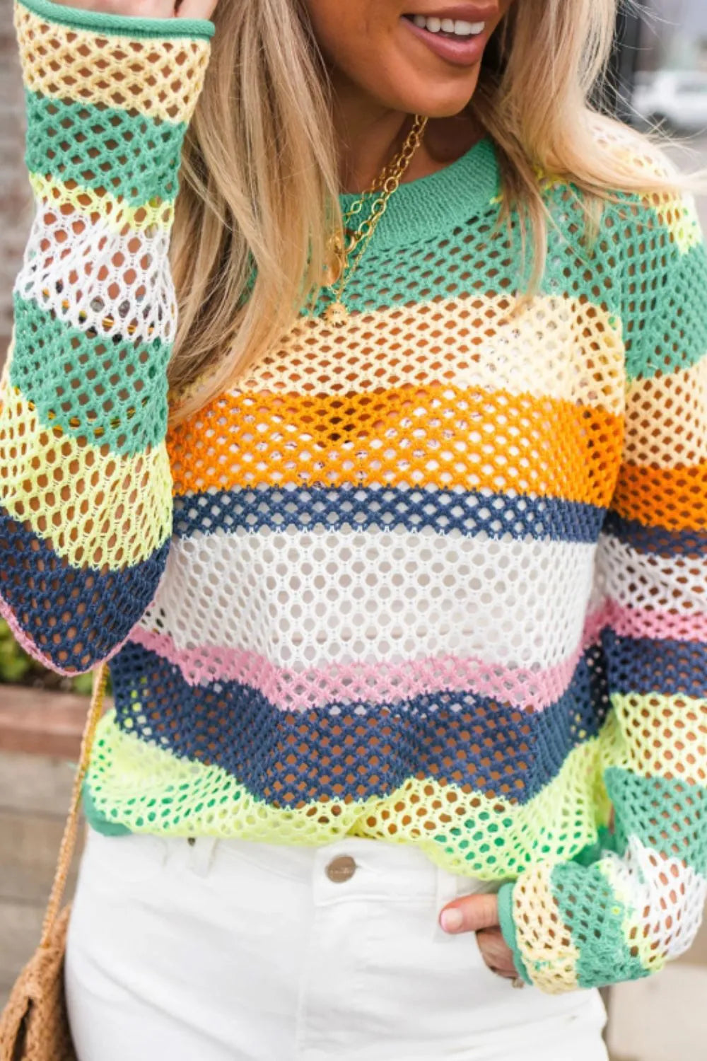 Sarah Express Women's Openwork Contrast Striped Round Neck Knit Top Gum Leaf