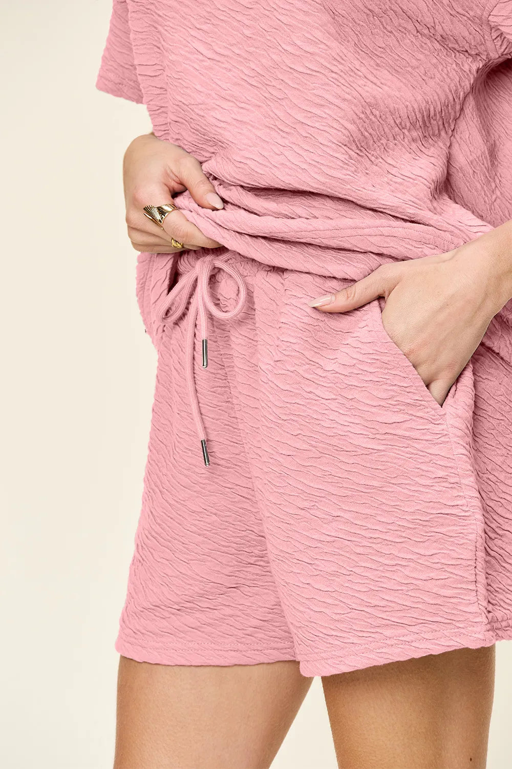 Sarah Express Women's Textured Short Sleeve T-Shirt and Drawstring Shorts Set