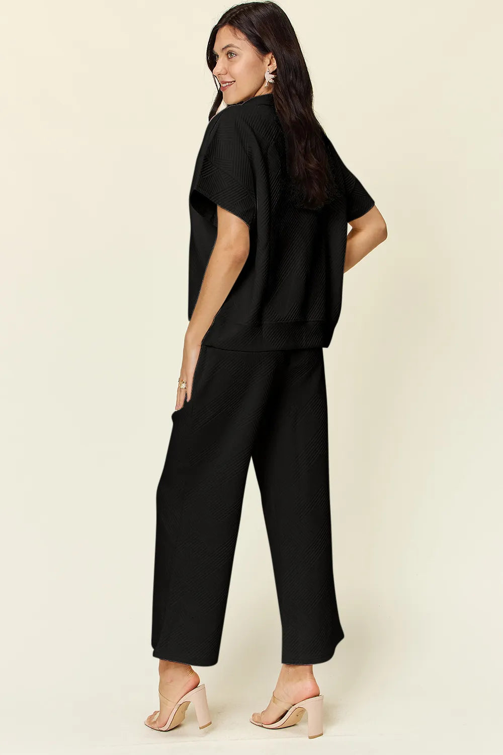 Sarah Express Women’s Plus Size Textured Half Zip Top and Pants Set
