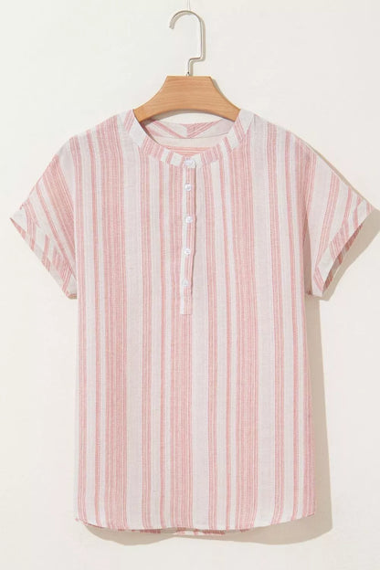 Sarah Express Women's Striped Button Detail Short Sleeve Blouse - Casual Cotton Blend Top