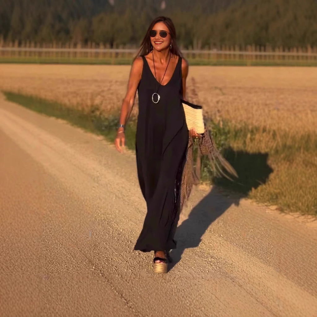 Sarah Express Women's V-Neck Cami Strap Maxi Dress Sleeveless Wide Waist Long Casual Summer Dress