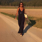 Sarah Express Women's V-Neck Cami Strap Maxi Dress Sleeveless Wide Waist Long Casual Summer Dress